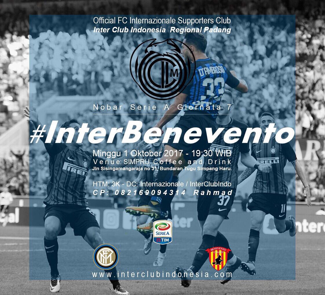 Info Nobar Serie A Giornata 7
Minggu 1/10/17 - 19:30 wib
SIMPRU coffee and drink, Bundaran Tugu Simpang Haru.
Cp:Nam 081272572331