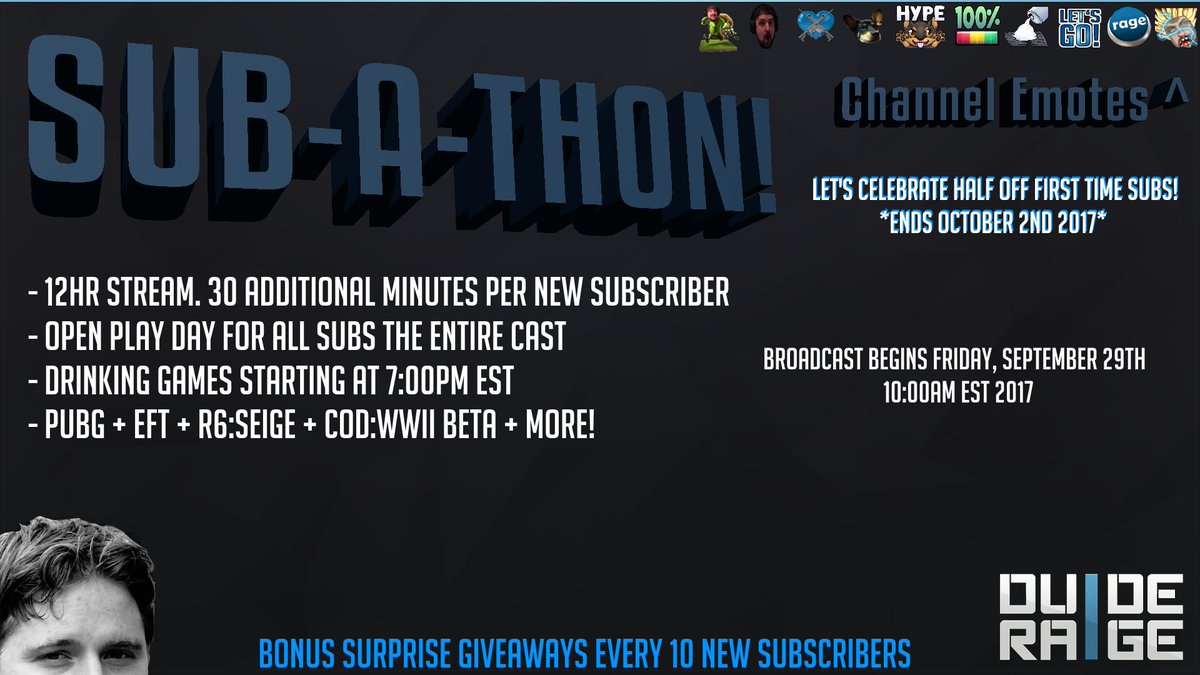 DudeIRage's tweet image. It's time we celebrate @Twitch's SUBtember the right way!

Starting at 10:00AM EST tomorrow! 

See you there! 

All are welcome!:D