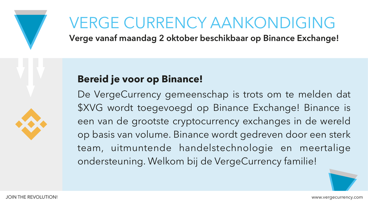 Verge_NL's tweet photo. Openbare mededeling: $XVG komt op Binance! Details vind je op #VergeBlog: https://t.co/8X76DPtPS7 #Verge @binance_2017 #VergeNews #privacy https://t.co/OnEUxd1Z0P
