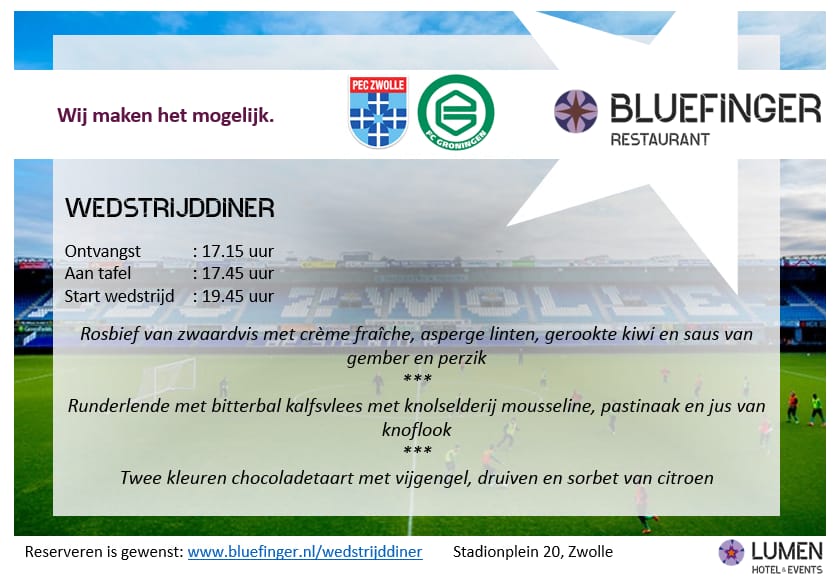ZwolleBusiness's tweet image. Het @Rest_Bluefinger serveert voorafgaand aan #zwogro weer een heerlijk wedstrijddiner! Heeft u al gereserveerd? #diner #matchday #peczwolle