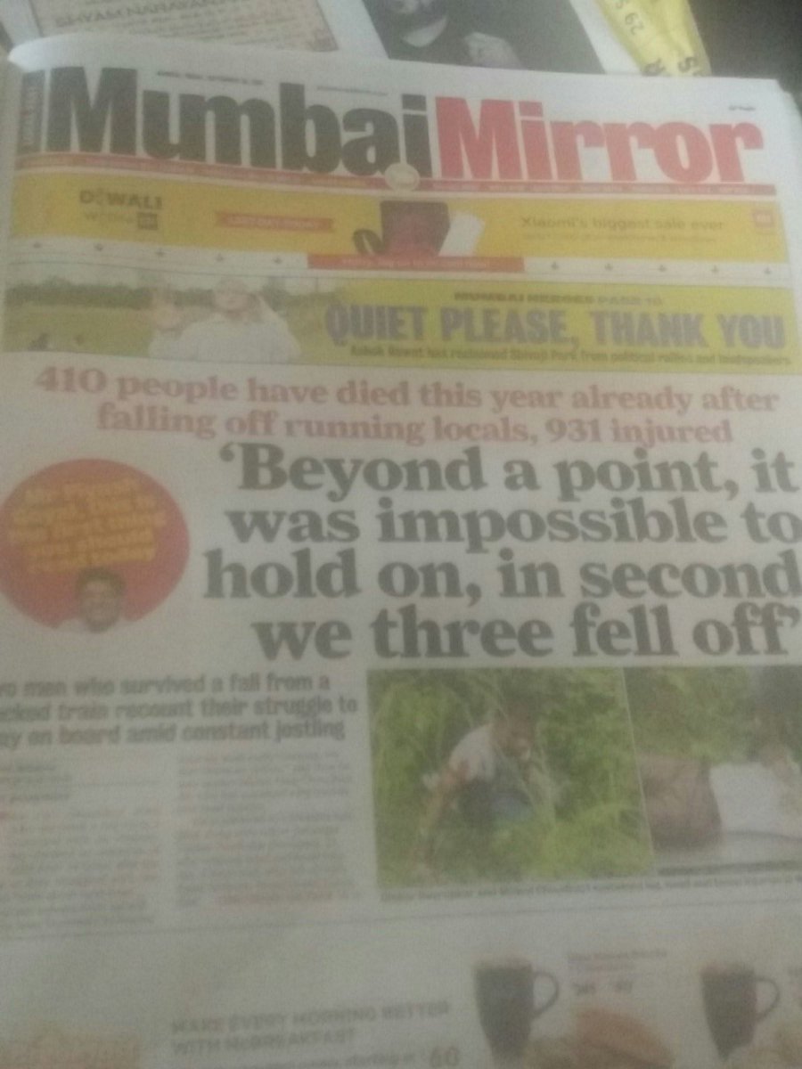 ketanranga's tweet image. Today&apos;s @MumbaiMirror talks about 410 ppl hv died n 931 injured after falling off running locals. Now ppl die of stampede on the bridge.