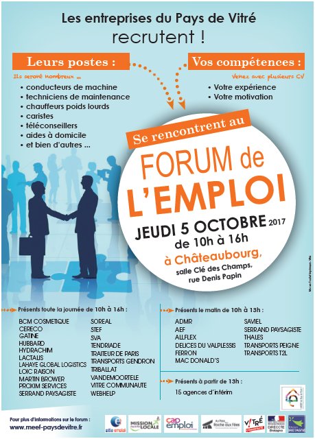 meef_emploi's tweet photo. #recrutements #PaysdeVitré : forum de l'emploi jeudi 5 octobre à Châteaubourg
45 entreprises présentes de 10H à 16H https://t.co/dZOKhtmEdK
