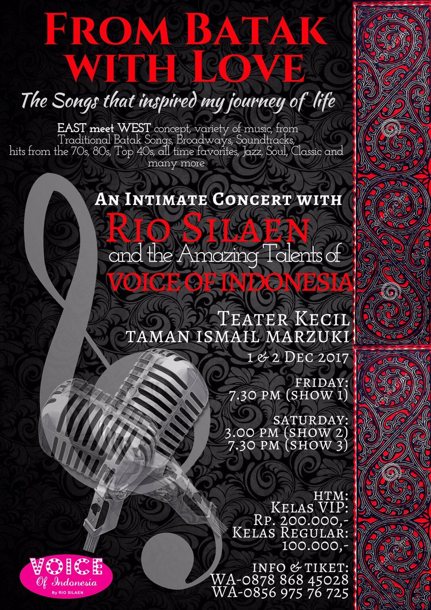 Konser Musik "FROM BATAK WITH LOVE" by Rio Silaen &amp; Voice of Indonesia- 1&amp;2 Des, Teater Kecil-TIM. Info 085697576725
