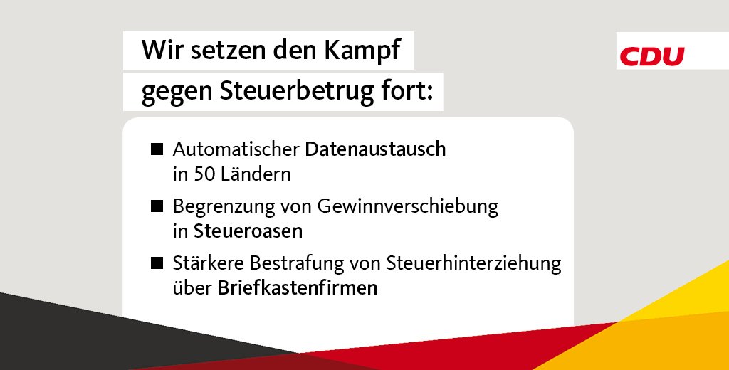 CDU's tweet photo. Ab morgen automatischer Austausch v Finanzdaten zw. 50 Staaten. Dadurch wird es immer schwieriger, Steuern zu hinterziehen. #Steuerbetrug https://t.co/JxMayc3x0x