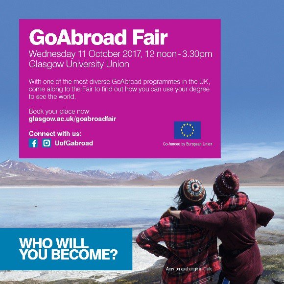 UofGlasgow's tweet photo. Have you ever dreamed about studying abroad? Mark off 11 Oct in your diary for the Go Abroad Fair! https://t.co/CgebvyBIJU https://t.co/7oxQaM4utA