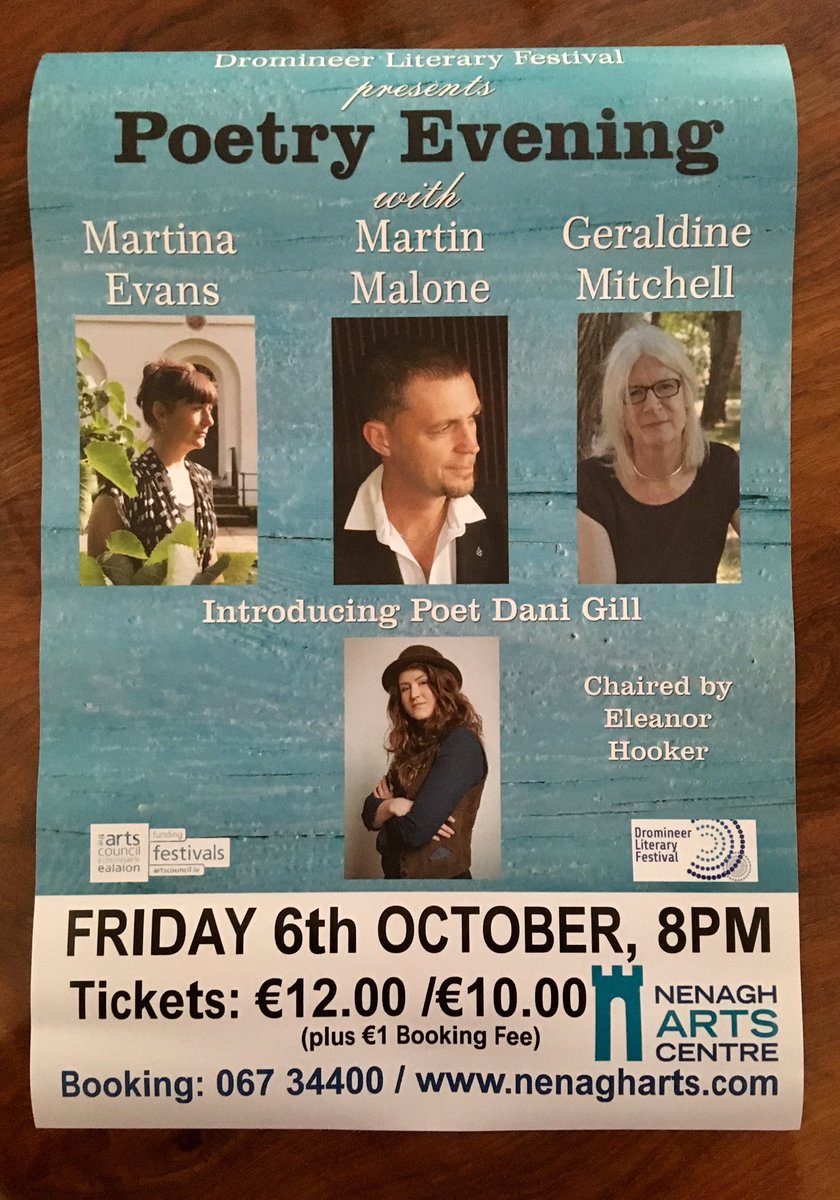 .@DromineerLit <a href="/NenaghArts/">Nenagh Arts Centre</a> Poetry Evening, 8pm Fri. Oct 6 @MartinaEvans6 @malonepoetry <a href="/geraldinemit123/">Geraldine Mitchell</a> <a href="/TheeDaniMagic/">Dani Gill</a> #Poetry Please RT