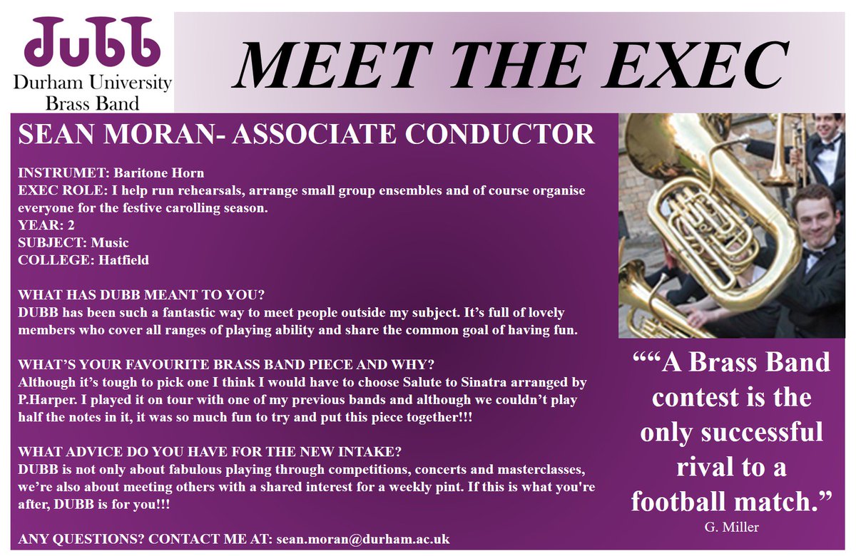 DUBrassBand's tweet photo. Today, in #MeetTheExec, we introduce our two stick-wavers aka conductors- from @TheRegVardyBand, Jonny Fenwick and Sean Moran! #DUFreshers https://t.co/bQKNOQp1pe