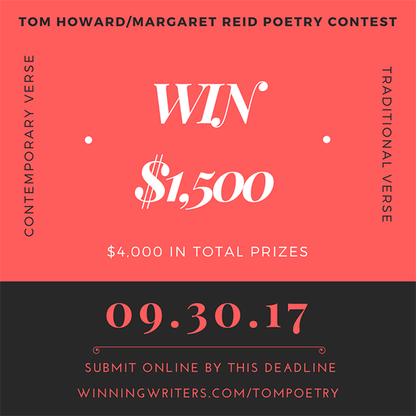 winningwriters's tweet photo. Your opportunity to enter our 2017 Tom Howard/Margaret Reid Poetry Contest ends TOMORROW. Submit online or by mail: https://t.co/QOJHQ2PRR9 https://t.co/QJ7BSQAFHI