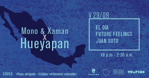Esta semana @Mono y #Xaman por Hueyapan, Morelos.
Tu cover es tu donación: Enlatados, mantas, ropa de abrigo. 
22:00 a 02:30 h