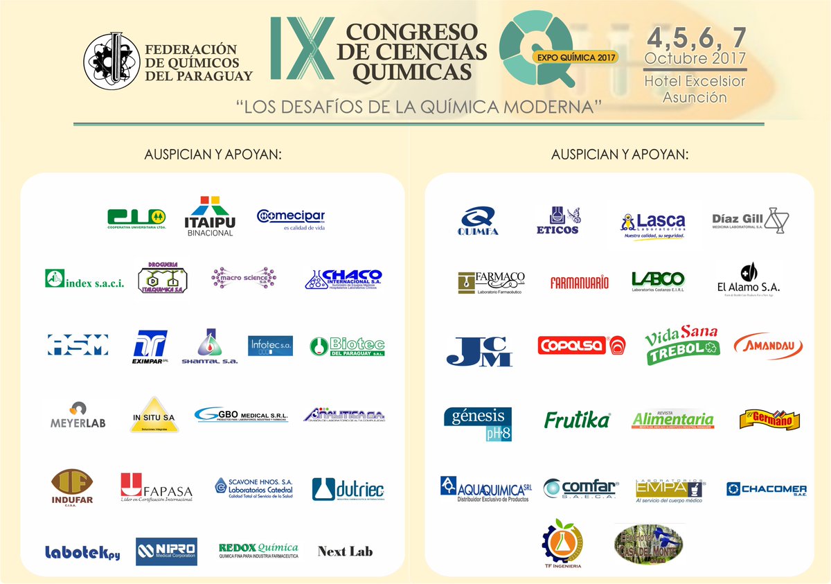 Ya llega nuestro IX Congreso y Expo Química Alimentaria 2017. Gracias a todos los que apostaron por este gran evento!
<a href="/fqp_orgpy/">fqp.org.py</a> <a href="/loulinunez/">Lourdes Rocío Núñez</a>