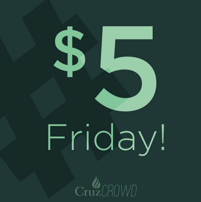 TheCruzCrowd's tweet photo. It's $5 Friday.  #CruzCrew #CruzCrowd  Please donate here before the end of Q3:  

https://t.co/fmi9B7susI https://t.co/dkiIfQ6U4D