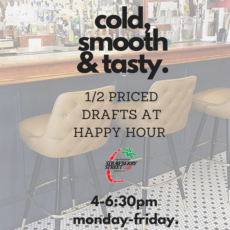 strawstreetcafe's tweet photo. Join us Monday-Friday 4-6:30 pm for #HappyHour featuring our updated look + 1/2 priced drafts!
It's a Fan tradition. #RVAExclusives #RVA https://t.co/k9w6zAH61r
