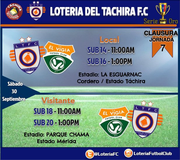 #SerieOro 🏆 Sábado 30 Septiembre por la 7ma Jornada #Clausura Lotería del Táchira 🆚 Vigia FC
Sub14 y Sub16 📌Cordero🏟️
Sub18 y Sub20 📌Mérida🚌