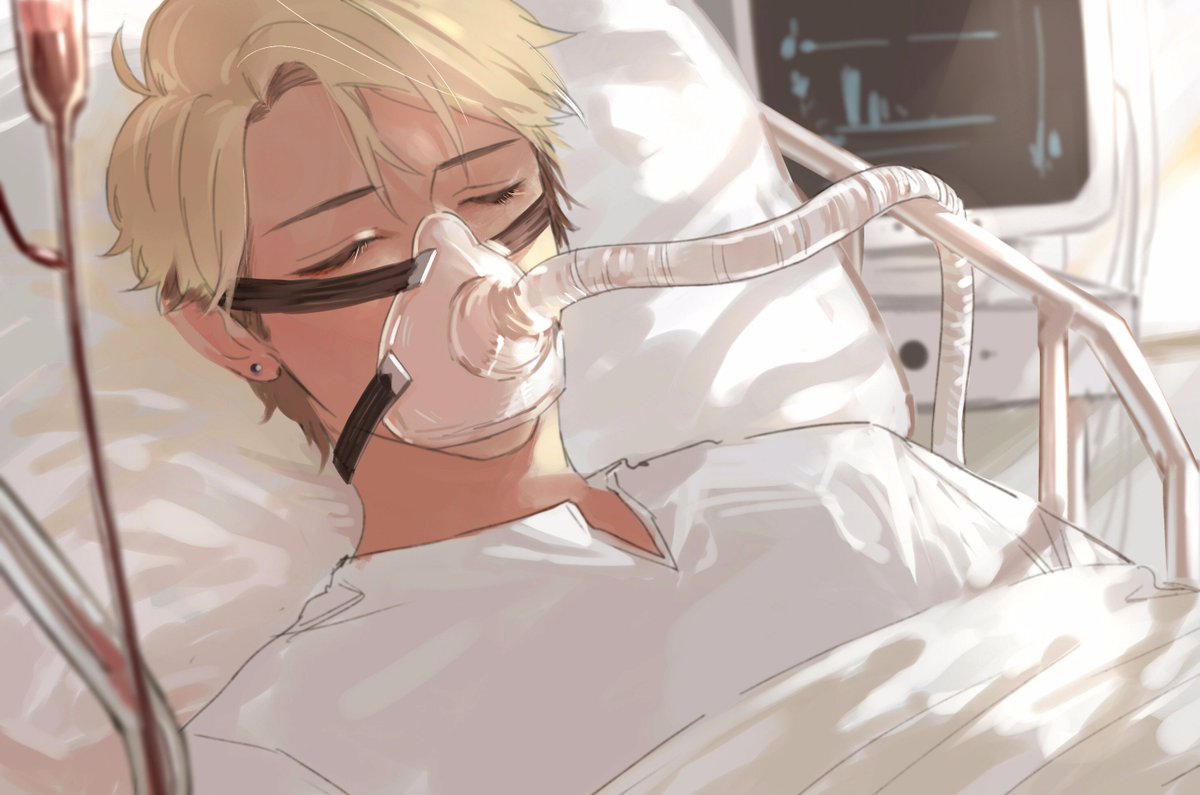 intravenous drip 1boy blonde hair male focus hospital bed solo closed eyes  illustration images