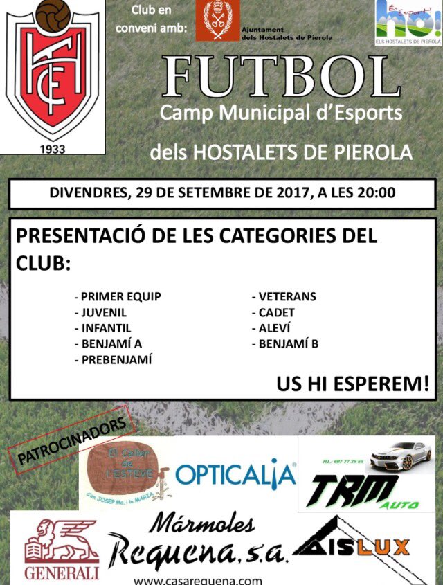 Atenció! Aquest és el cartell de la presentació de tots els equips dels Hostalets de Pierola. Avui a les 20h amb <a href="/ESPORTMUSIC/">ESPORTMUSIC.es</a> 💥 #FutbolSala