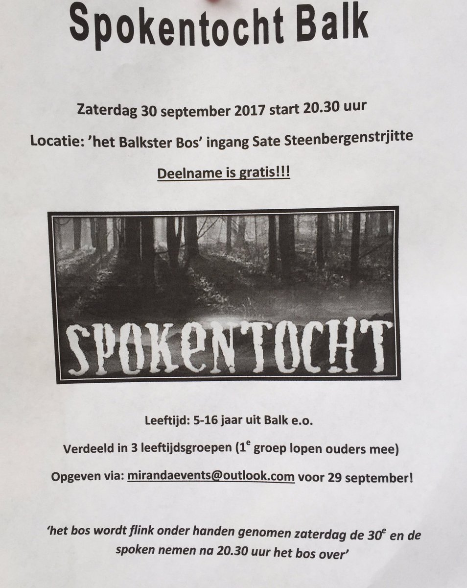 BalkVooruit's tweet photo. Zaterdag 30 #september is 't al vroeg #Halloween in #Balk.Er is dan een #griezelige #spokentocht in 't #Balksterbos. https://t.co/LorGDWyDRg https://t.co/b9Bzx76O9P