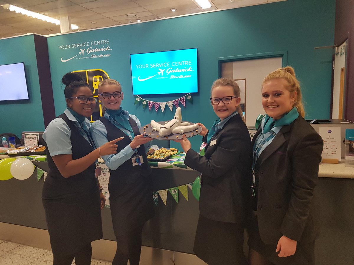SkybreakGatwick's tweet photo. Team C's plane themed cake sale has commenced within the South terminal at @Gatwick_Airport for @macmillancoffee #CoffeeMorning #PlaneCake https://t.co/ErZG9IPg2e