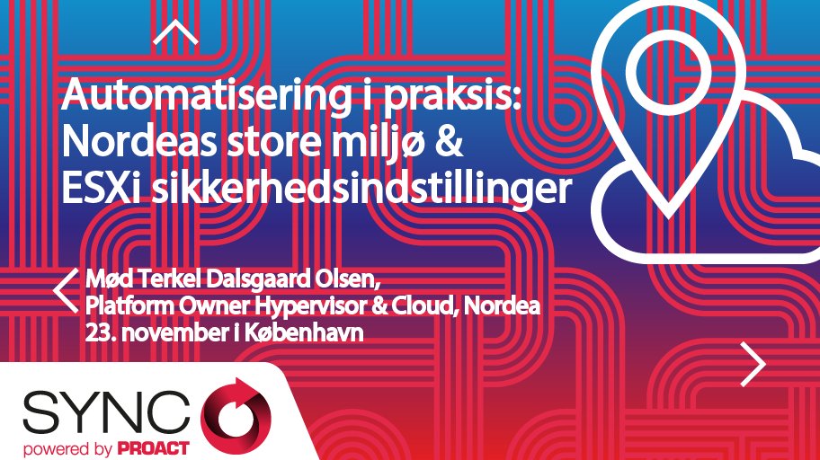 ProactDK's tweet image. Nordeas Terkel D. Olsen deler erfaringer med automatisering ift. deres store miljø og ESXi sikkerhedsindstillinger. goo.gl/viCSGo