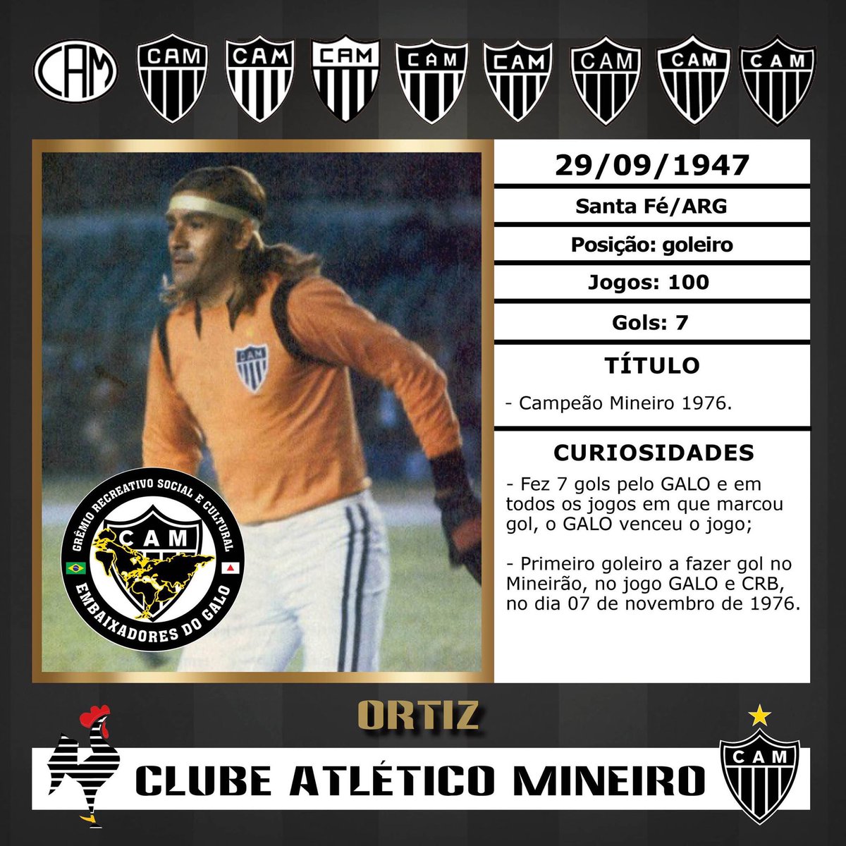 No dia 29 de setembro de 1947, nasceu o goleiro artilheiro Ortiz.
ObriGALO por ter marcado época à frente da meta alvinegra!
Aqui é GALO!