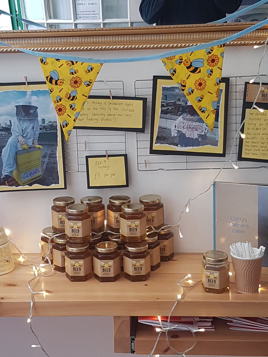 CustardBees's tweet photo. #Bee9 honey for sale in @chittyscakes shop at the @custardfactory. Go along and try before you buy ... and admire the bee bunting! https://t.co/eERFU8CKjq