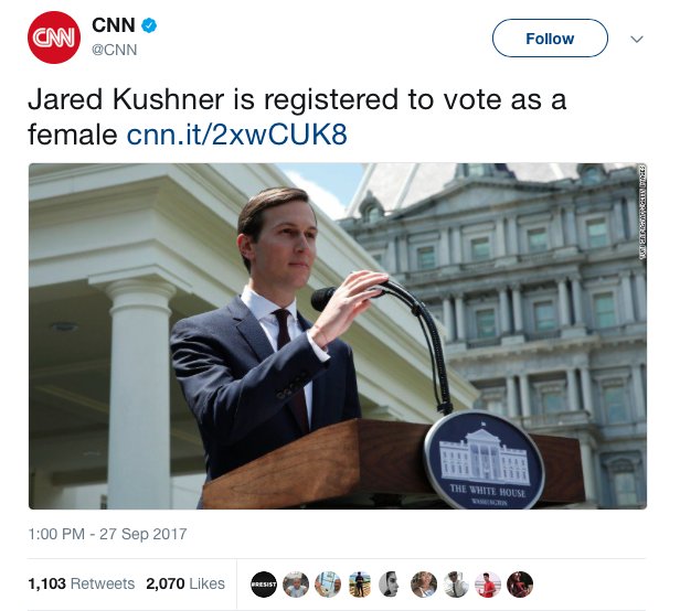 Jared Kushner is registered to vote as a female DK5cI2NVwAESjvv