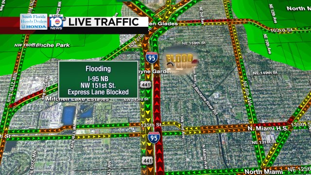 FLOODING: I-95 NB & NW 151st St. Water is collecting in 1 express lane causing delays in your general purpose lanes. https://t.co/t9MzwCeVp4