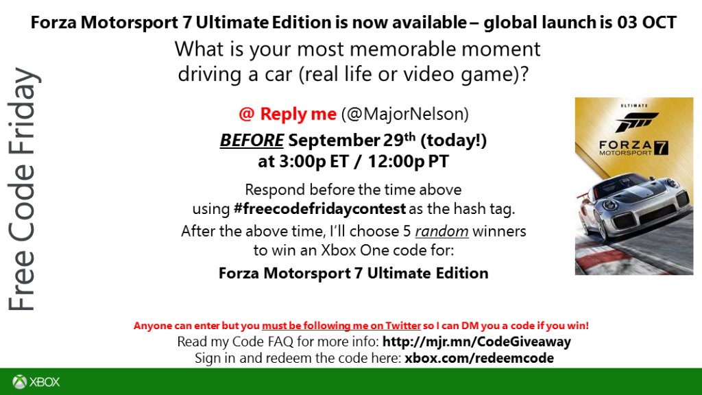 Larry Hryb 💫✨ on X: "#freecodefridaycontest time. Read this and you could  win a code for Forza Motorsport 7 Ultimate Edition on Xbox One. Good luck.  https://t.co/t84lvGeOcj" / X