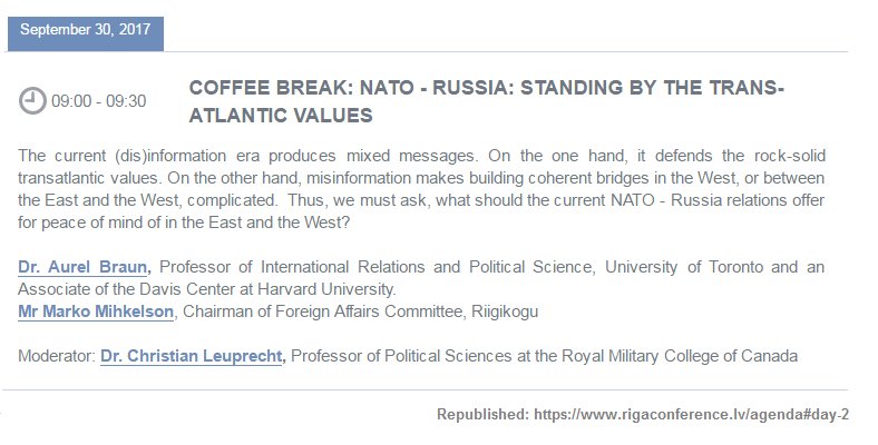 Don’t miss tomorrow morning! Canadian experts discussing NATO-Russia and trans-Atlantic values. Follow the conversation at #RigaConf17