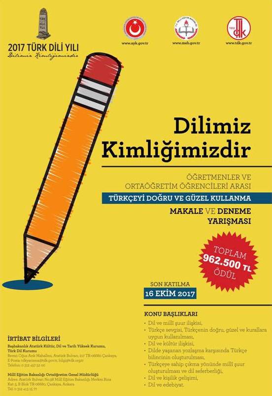 "2017 Türk Dili Yılı" çalışmaları kapsamında "Dilimiz Kimliğimizdir"  başlıklı yarışma başlattık. Son katılma tarihi 16 Ekim 2017.