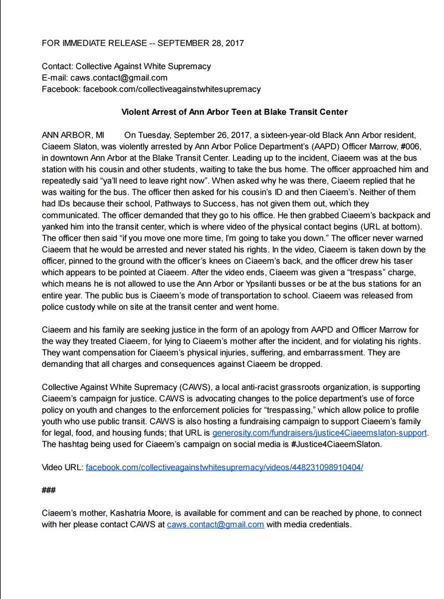 AustinMcCoy3's tweet photo. On Tuesday, Ann Arbor police officers violently arrested 16-year-old Ciaeem Slaton. Read press release and share #JusticeforCiaeemSlaton https://t.co/sdwzQblw42
