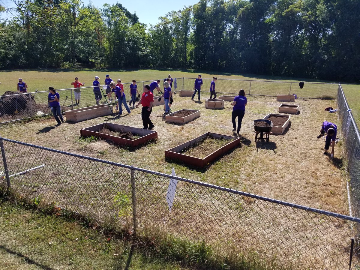 Volunteers from Aetna and The American Heart Association revitalizing our community gardens