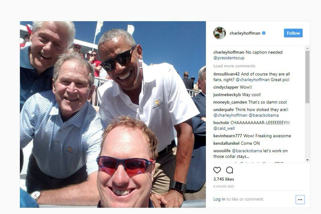 11AliveNews's tweet photo. Caption this: Former presidents Obama, Bush and Clinton hang out at the Presidents Cup https://t.co/ykKX40oABe https://t.co/Kt56bZudCu