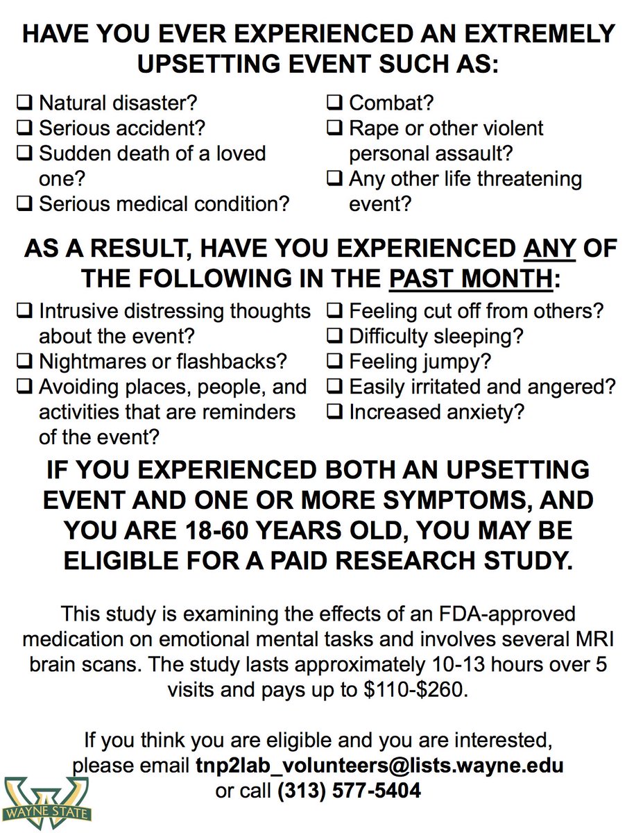 BrainsBeesBikes's tweet photo. Have you experienced a stressful event? You may be eligible for a paid research study! Contact us today! @wsutnp2lab https://t.co/Su8JJcXffp