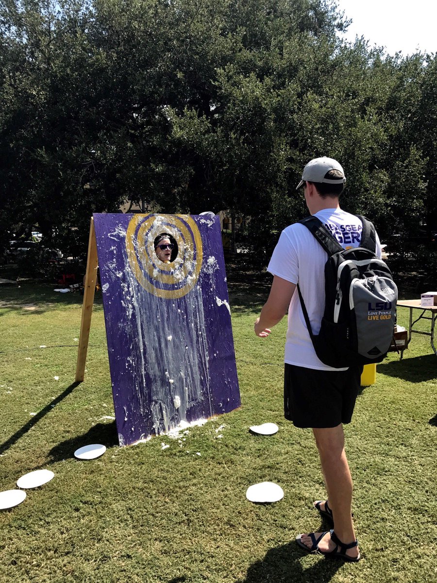 LSUOnline's tweet photo. Where you can cream the Dean of the College of Humanities & Social Sciences, Dr. Haynie! #LSUFallFest #LSUHumanities&SocialSciences https://t.co/mWYj2ewGOv