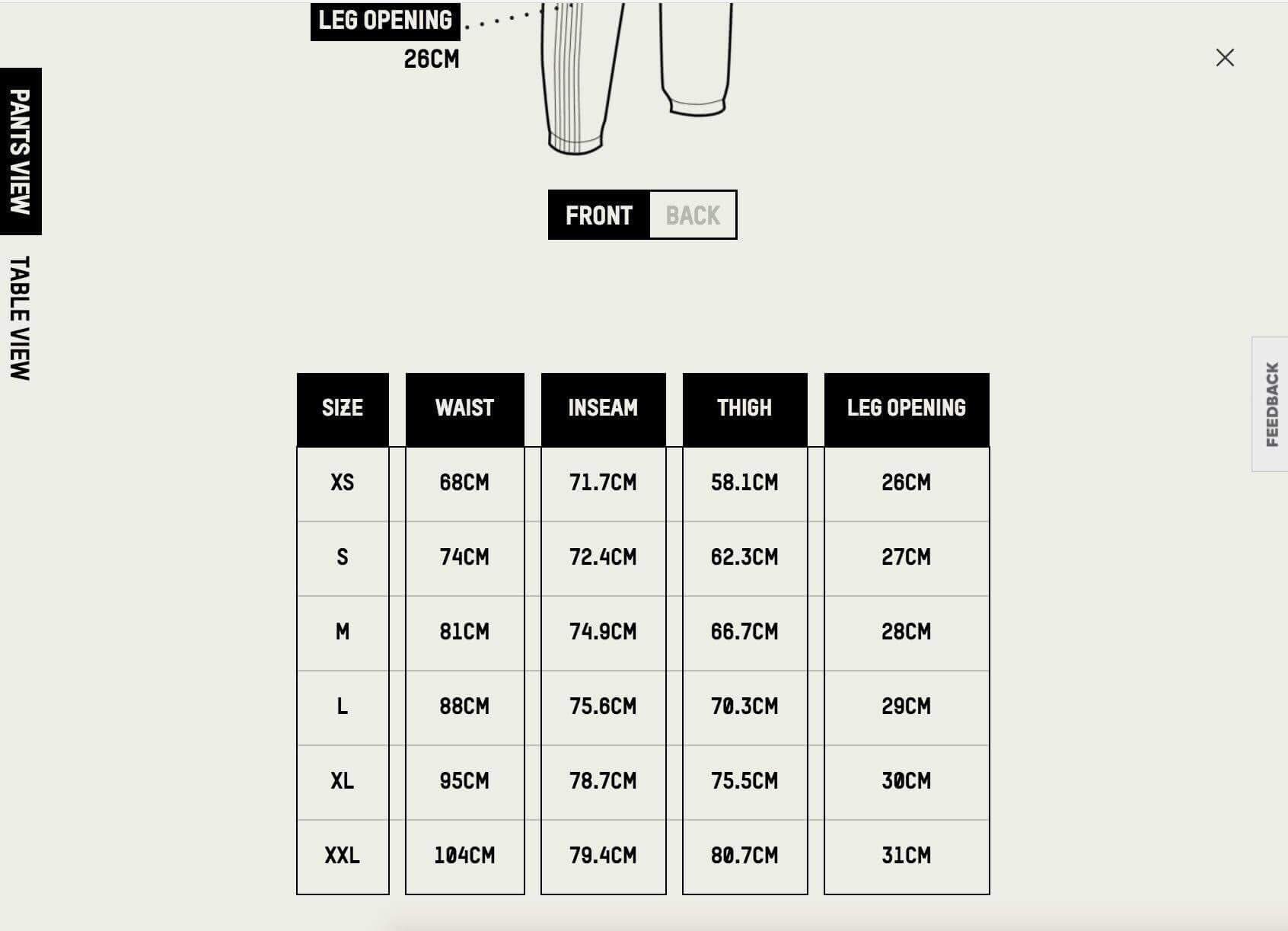 adidas pants size chart