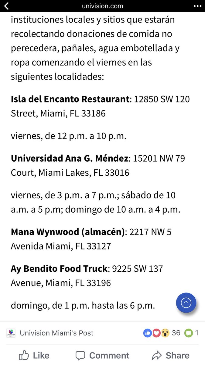 UE_Miami's tweet photo. Todo residente de Miami que quiera cooperar con donaciones para #puertorico estos son los lugares. #UnidosPorPuertoRico @Univision https://t.co/GucvT8uny7