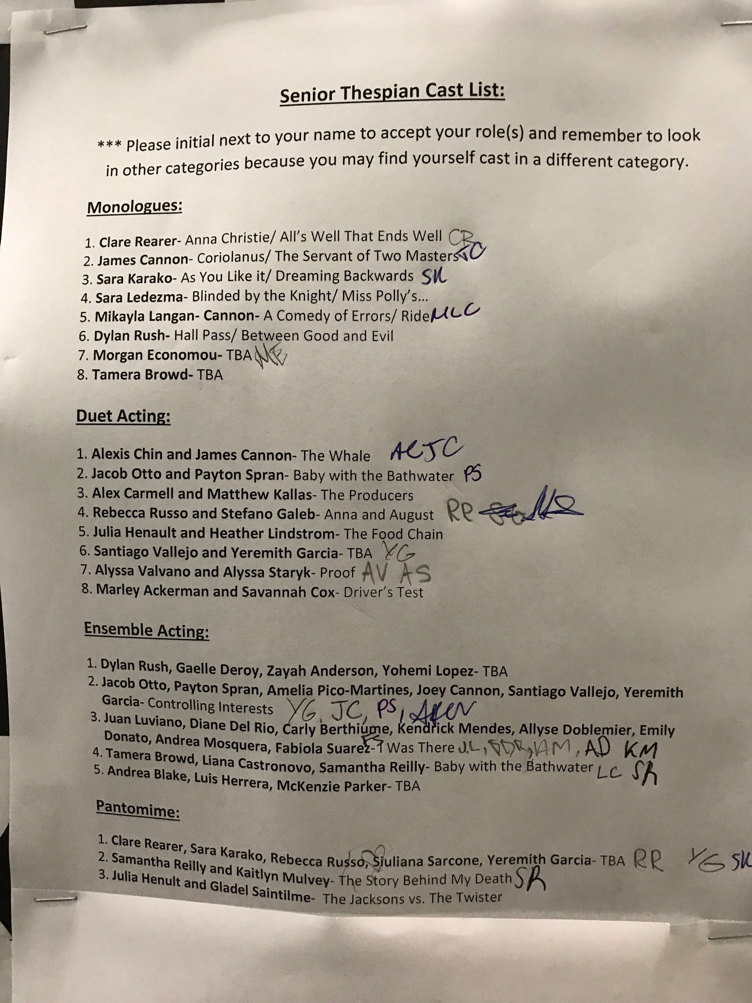 Cscs Drama Congratulations To All Of Our Senior Thespians Make Sure To Sign Your Name Next To Your Piece