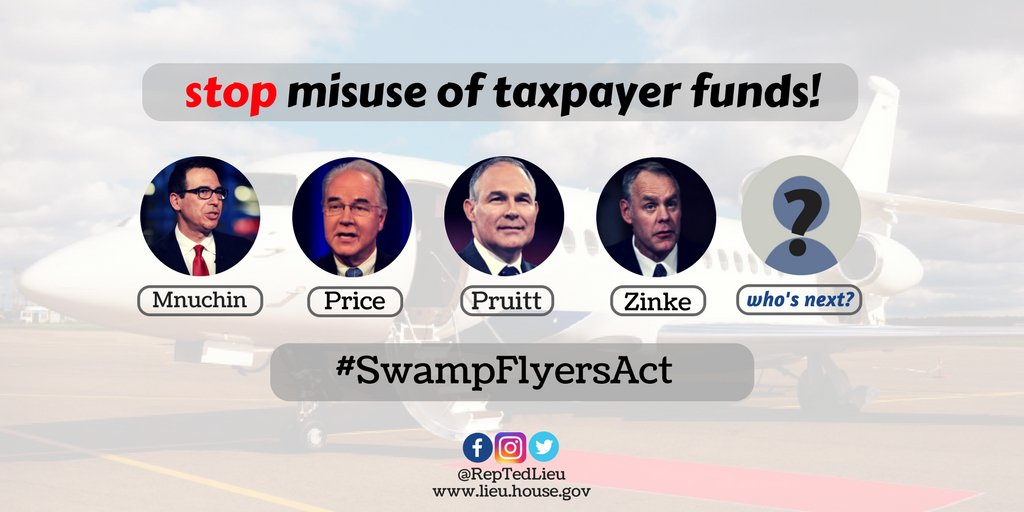 Mnuchin, Price, Pruitt, Zinke ... let's stop this gross abuse of taxpayer money &amp; pass H.R. 3876 #SwampFlyersAct: bit.ly/2yayolw
