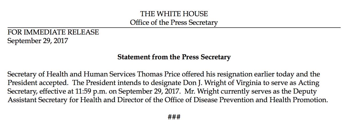 ABCPolitics's tweet image. BREAKING: Secretary of Health and Human Services Tom Price has offered his resignation and Pres. Trump has accepted, Press Sec. says.