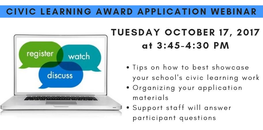 POWofDemocracy's tweet photo. Interested in applying to the #CivicLearningAward but don't know where to start? Register for our October 17 webinar https://t.co/9HbvXSxaKu https://t.co/60V442UG1t