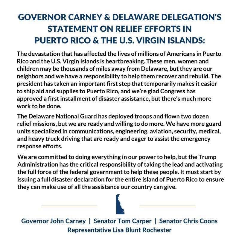 JohnCarneyDE's tweet image. Our fellow citizens in Puerto Rico and the U.S. Virgin Islands need our help, and we have a responsibility to help them recover and rebuild.