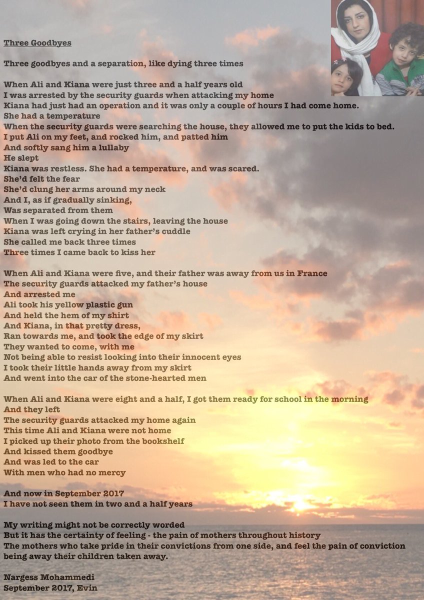 Stephen_Quentin's tweet photo. "Three Goodbyes" a poem by Narges Mohammadi - unjustly imprisoned - "the pain of mothers throughout history" #FreeNarges #Poems https://t.co/LIkUYbtMUI