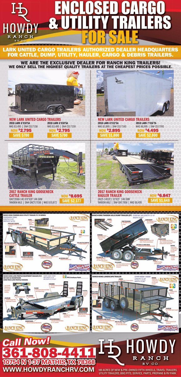 howdyrv's tweet photo. ENCLOSED CARGO & UTILITY TRAILER SALE! 💪 Hard working Ranch King Trailers Authorized Dealer Headquarters for Cattle, Dump, Utility, Hauler, Cargo & Debris Trailers. 🎏 #ranchking https://t.co/ltvVDjIDyz https://t.co/Trp7OTIgTI
