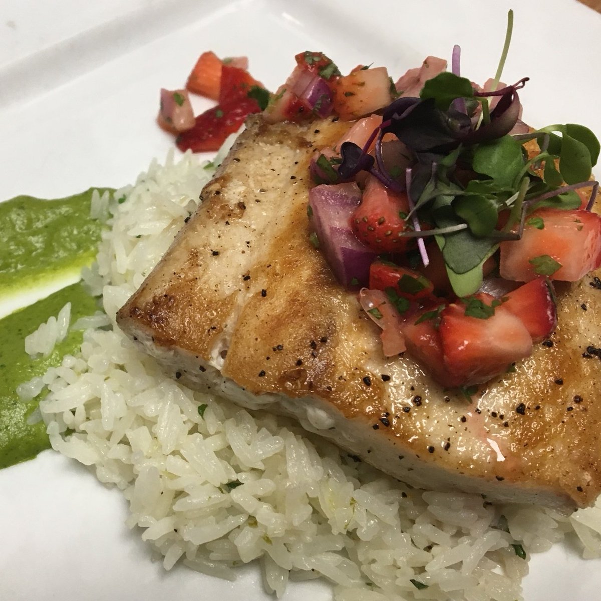 Tonight's Special: Fresh Tilefish served with cilantro lime rice, pablano corn puree, and strawberry pico de gallo