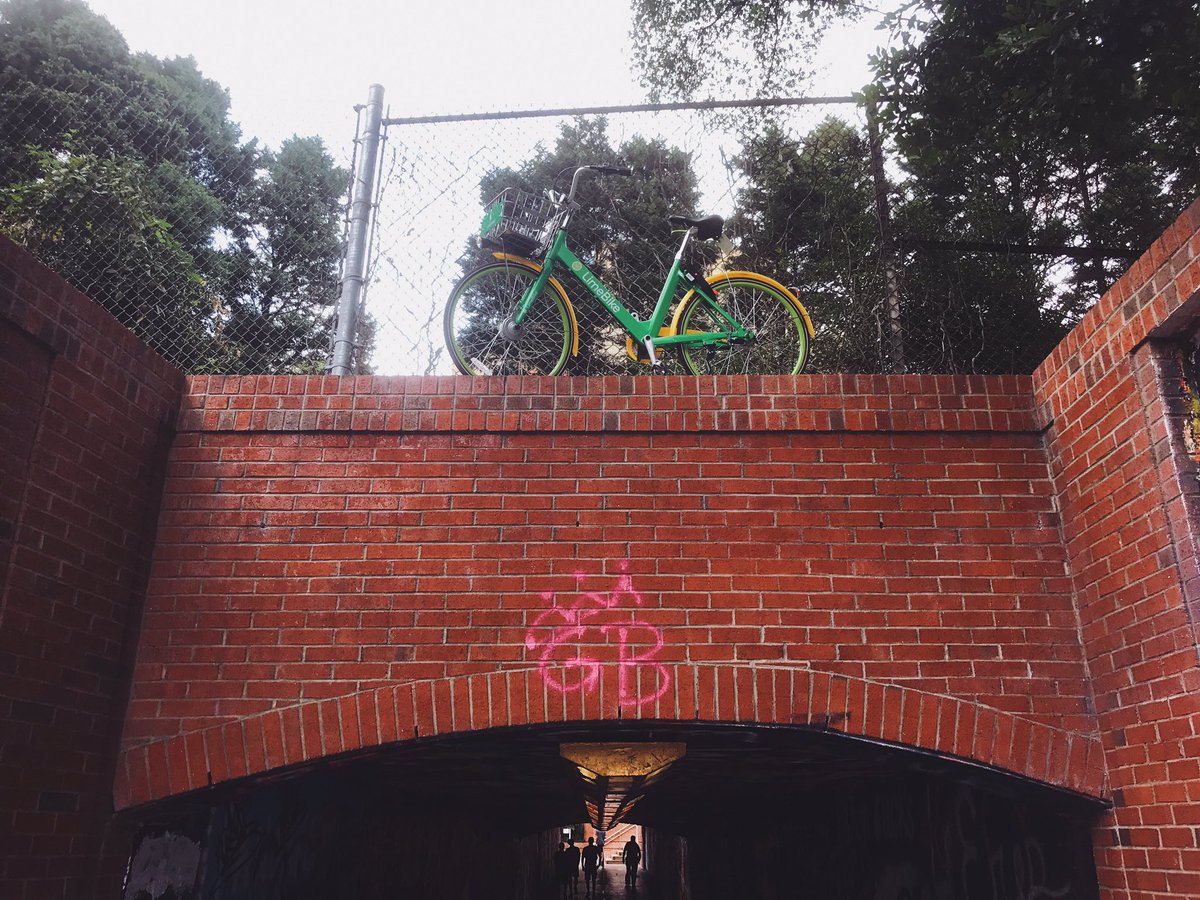 NCState's tweet photo. Student: Guess I'll park my @limebike here.

Narrator: Finally, the LimeBike knew it was destined to watch over the Free Expression Tunnel. https://t.co/RJd6wmkGGB