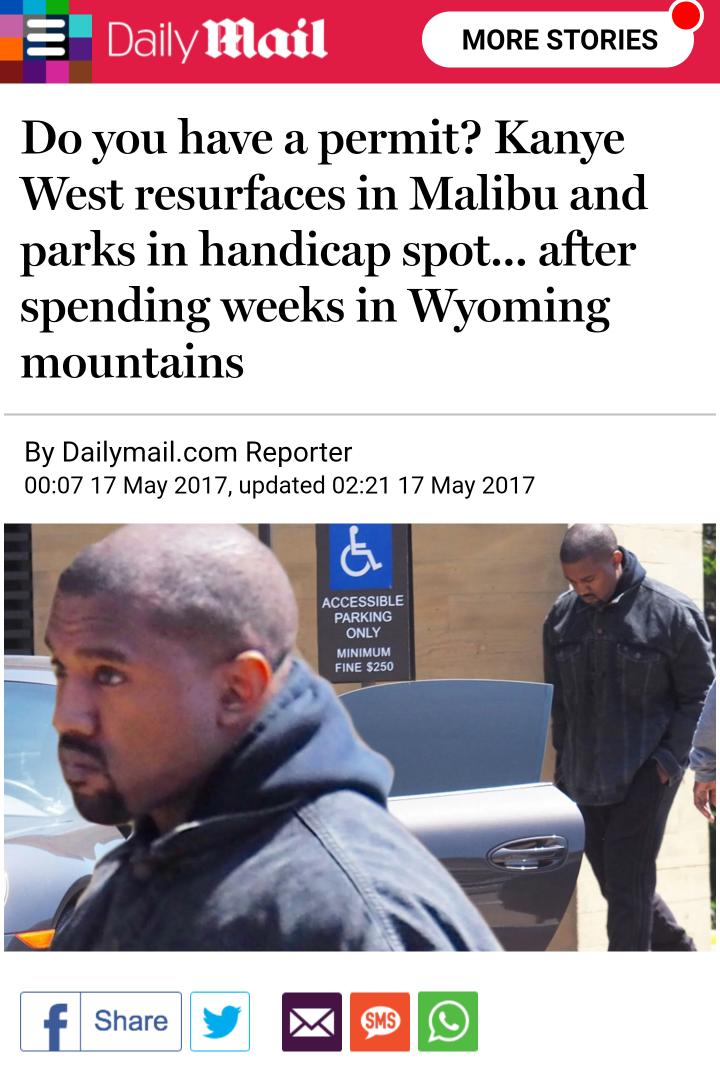Kanye parked in a handicap spot in May