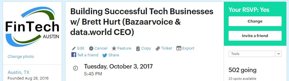 Oct 3rd: the LARGEST entrepreneurship meetup in #Austin w/ over 500 RSVPs <a href="/CapitalFactory/">Capital Factory ⚙️</a>, any VCs interested in sponsoring? Plz DM me