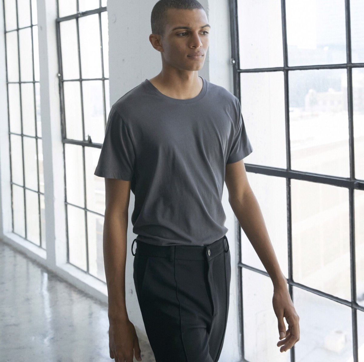 What men want...Washed cotton
charcoal tee and tailored knit pant. Looks great. Feels great. Wear anywhere. No fuss. See you soon.