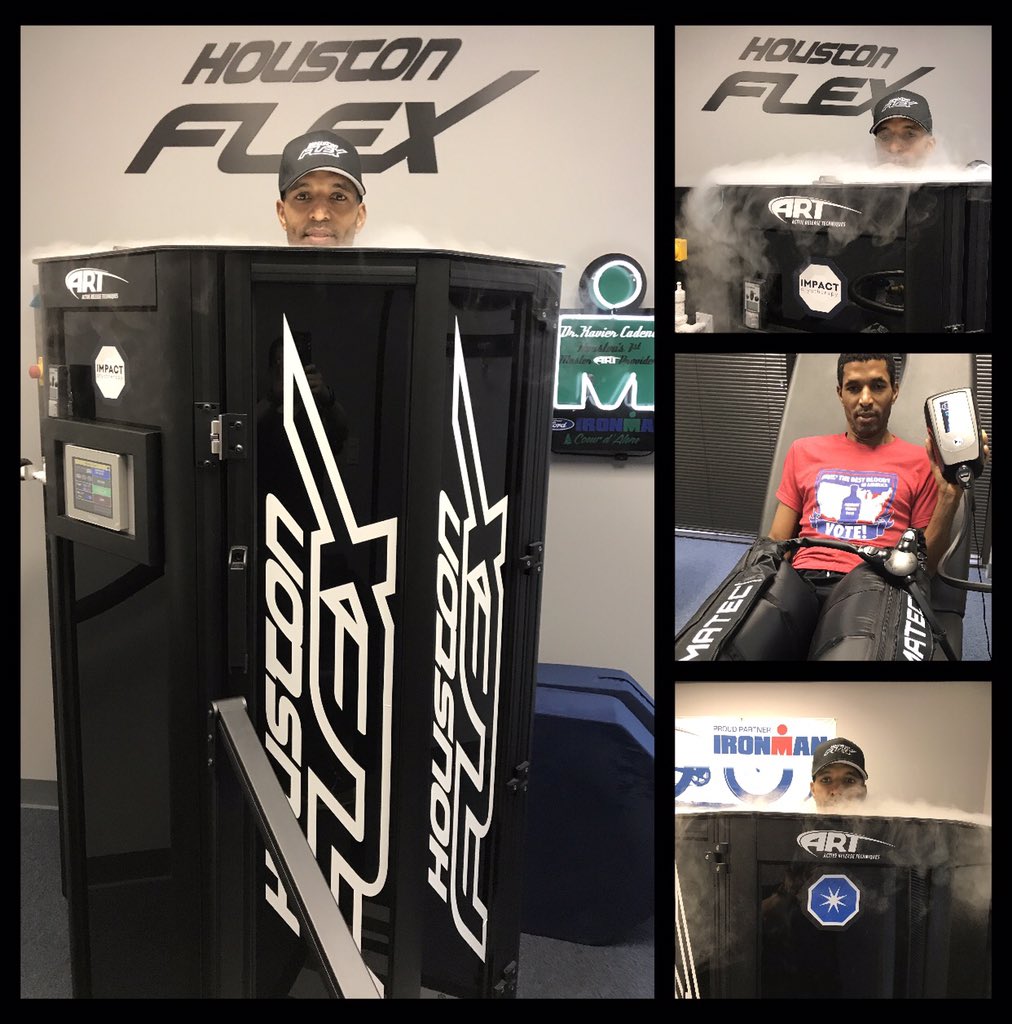 Vaughn Gibbs, Houston Elite Runner, recovers &amp; prepares for Houston 1/2 with Dr. Cadena at Houston Flex using IMPACTCryotherapy &amp; NORMATEC.