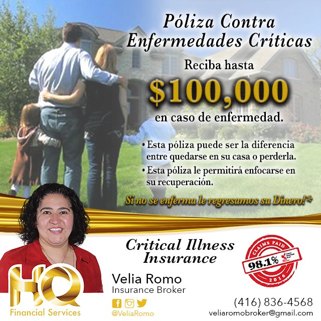 veliaromo's tweet photo. Reciba hasta $100,000 en caso de enfermedad. #EnfermedadesCriíticas #CI #CriticalInsurance #Seguros #Insurance #Salud #Health #Toronto https://t.co/DWoB7T2L1J